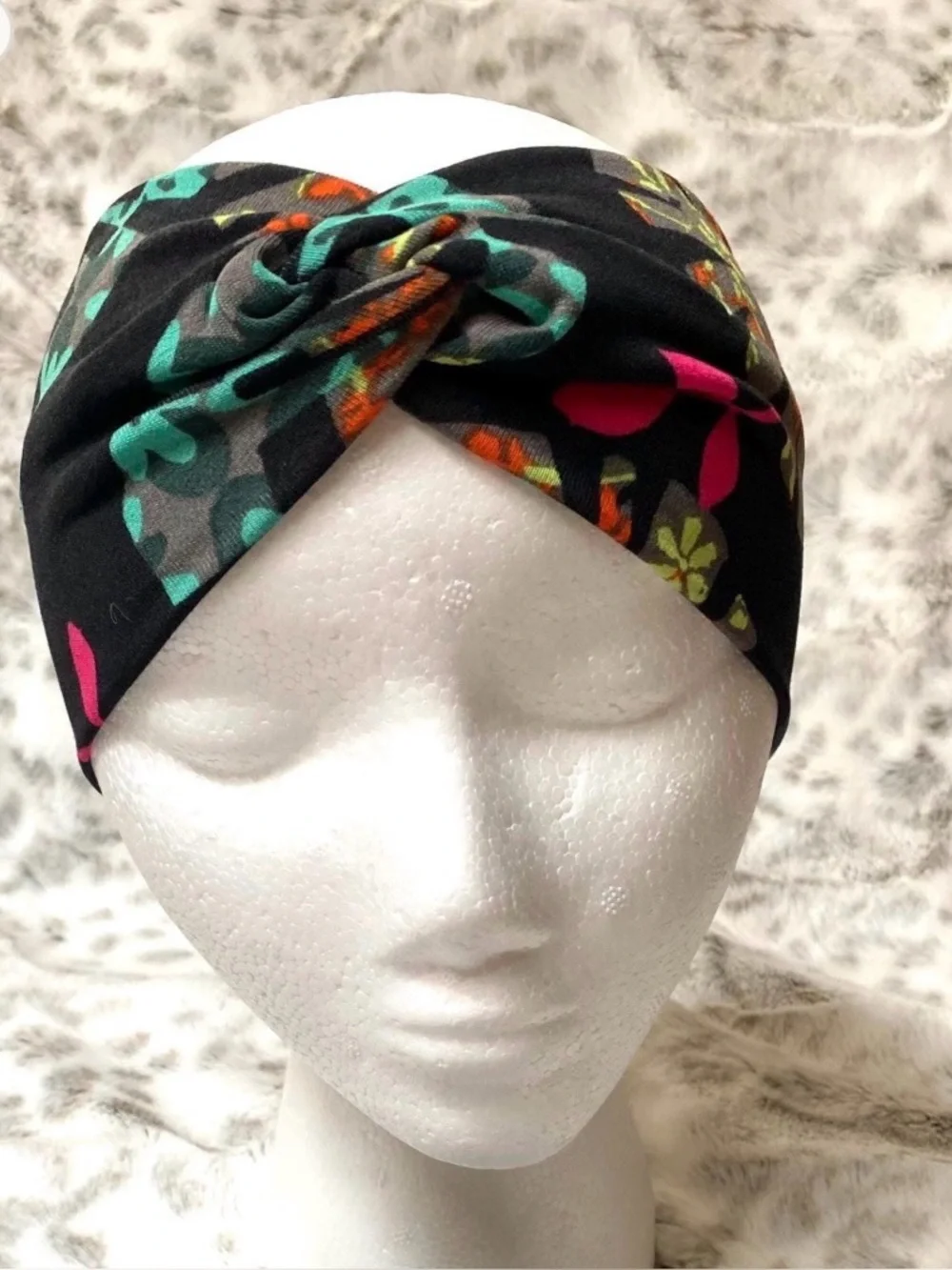 Black Floral Twist Headband  and Scrunchie Set with Teal and Coral Accents. NWOT
